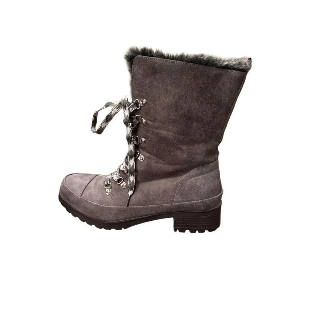 JustFab gray lace up faux leather and fur boots (10)